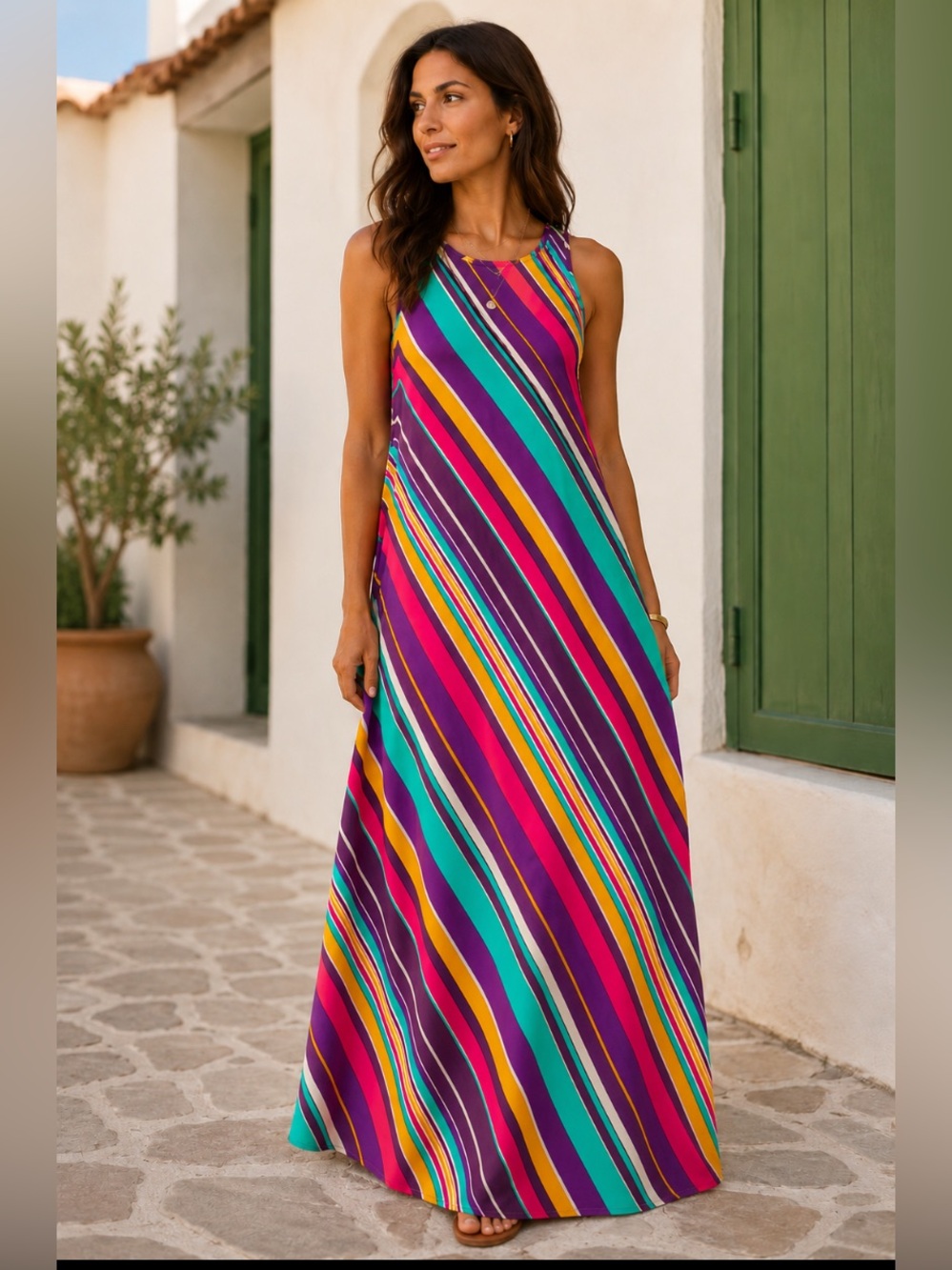 Calvin Klein Resort Maxi Dress M Colorful Chevron Stripe Sleeveless Jersey Knit